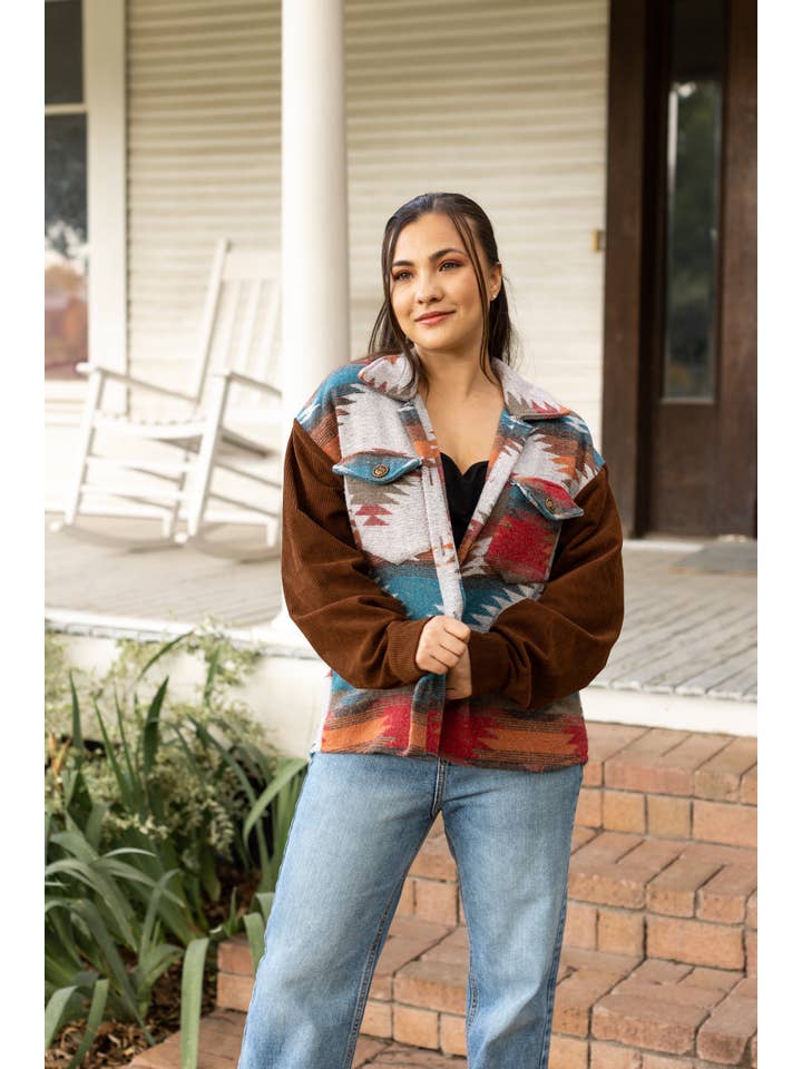 Brown Corduroy Canyons Aztec Print Shacket for wholesale on Faire