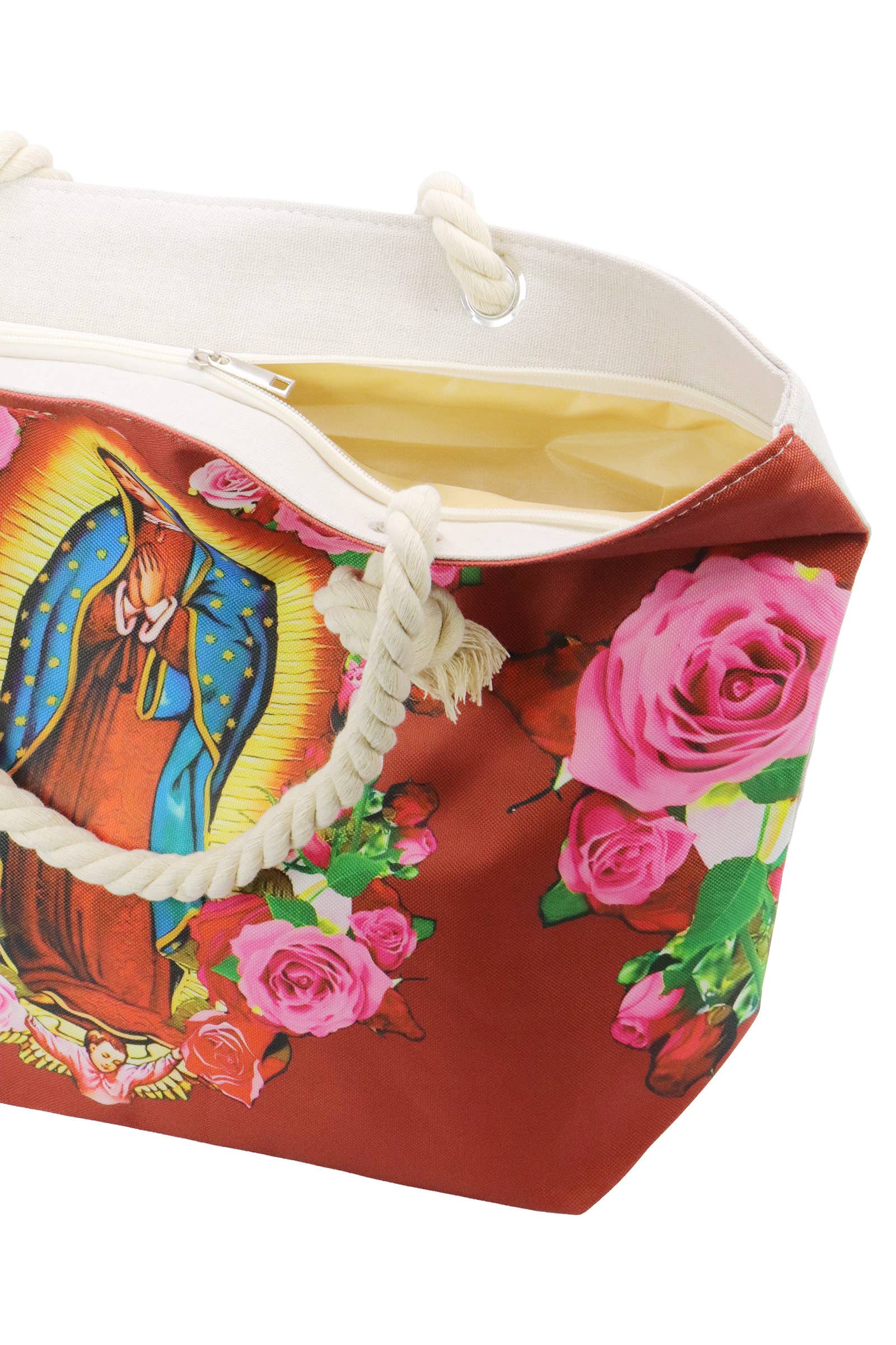 DARK RED Guadalupe Virgen Mary Zippered Canvas Tote Bag for wholesale on Faire8