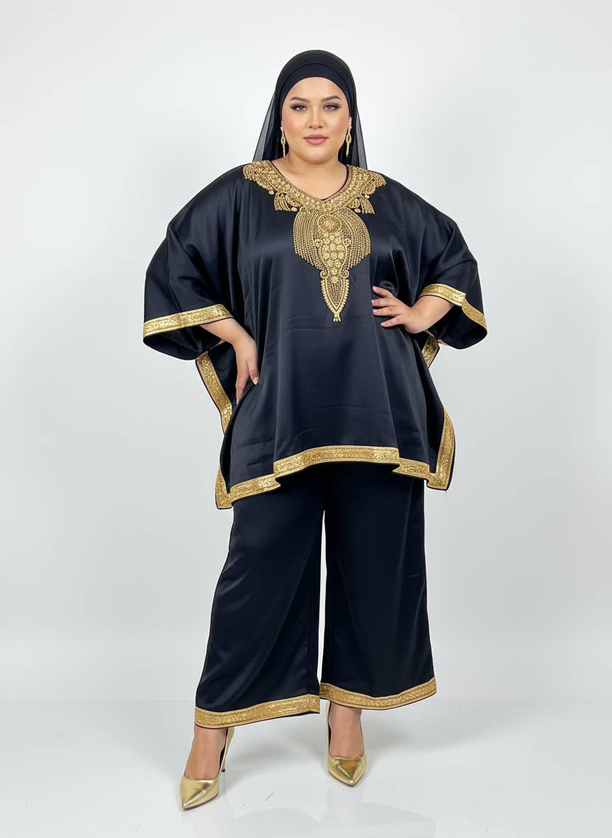 India Batik - Wholesale Kaftan - Women's - kaftan Palazzo Set Black And Gold - kP05