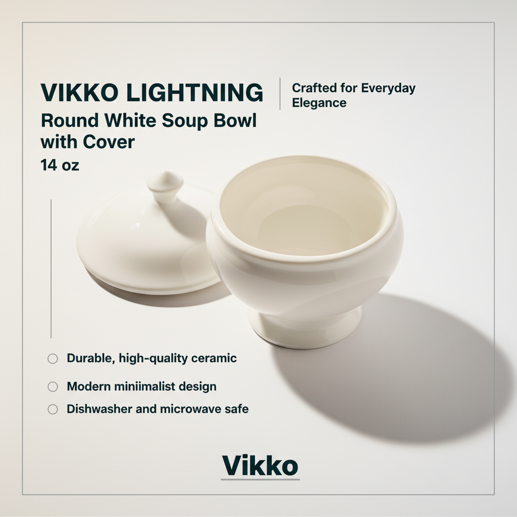 Kadra Kitchenware - Wholesale Bowl - Vikko Lightning - Round White Soup Bowl with Cover, 14 oz3