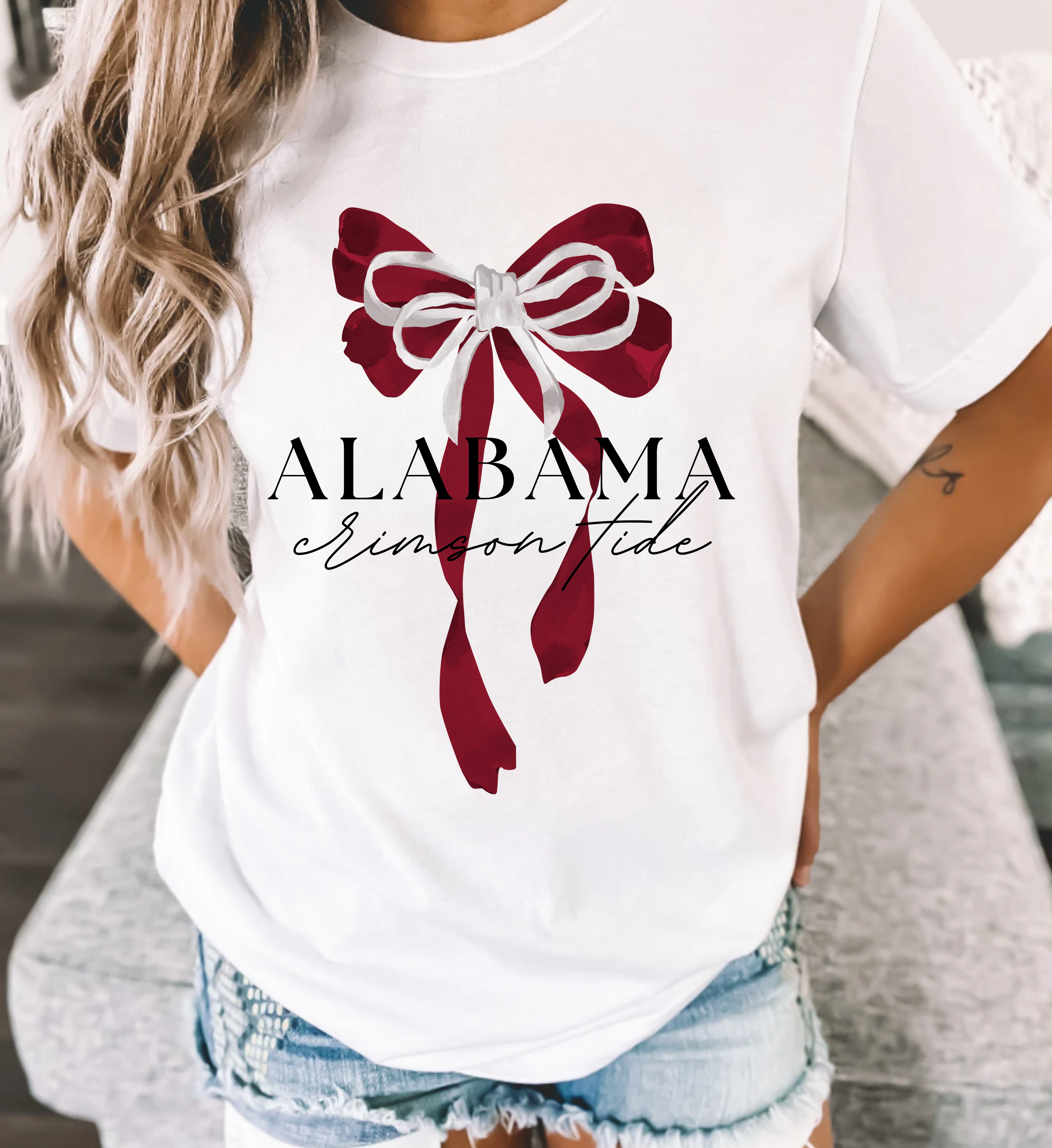 Pocketful of Prints - Wholesale Screen Printed T-Shirt - Women's - Alabama Collegiate Bow Tee0
