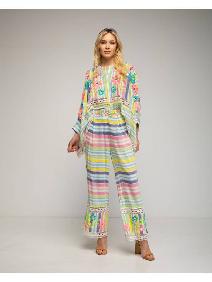 Ecru Striped blouse and pants set for wholesale on Faire