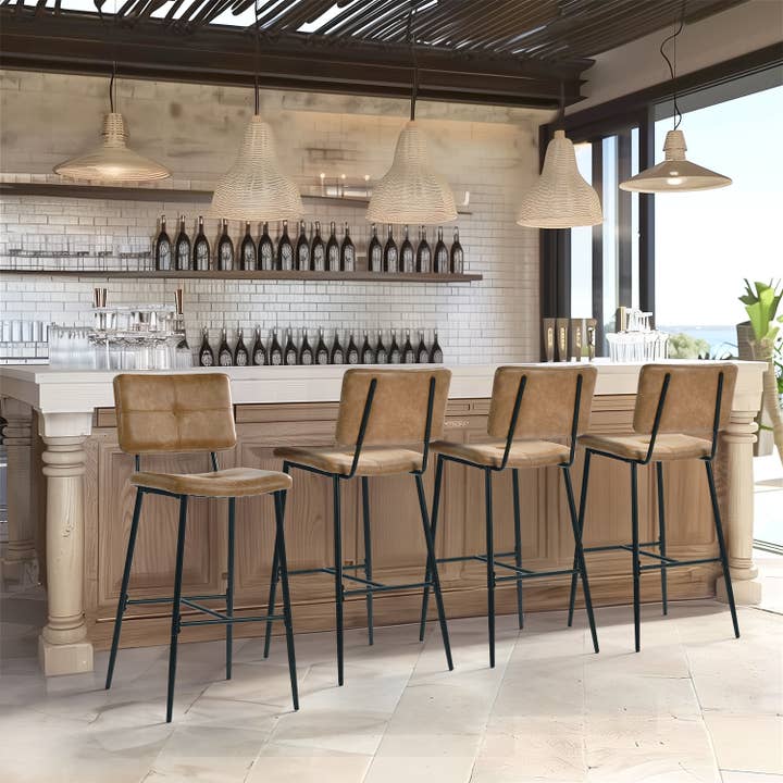 HOMYCASA DESIGN INC - Wholesale Stool - Industrial Bar Stool with Cognac Faux Leather Upholstery