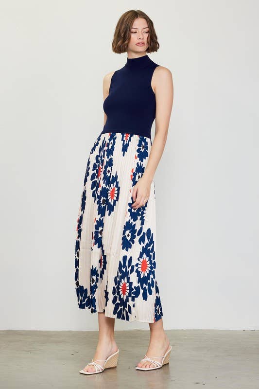Ivory Navy Sleeveless Knit & Print Midi Dress for wholesale on Faire4