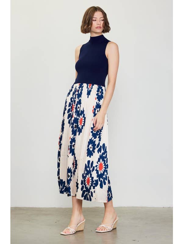 Elfenben-Navy Ärmlös stickad och mönstrad midiklänning för wholesale på Faire4