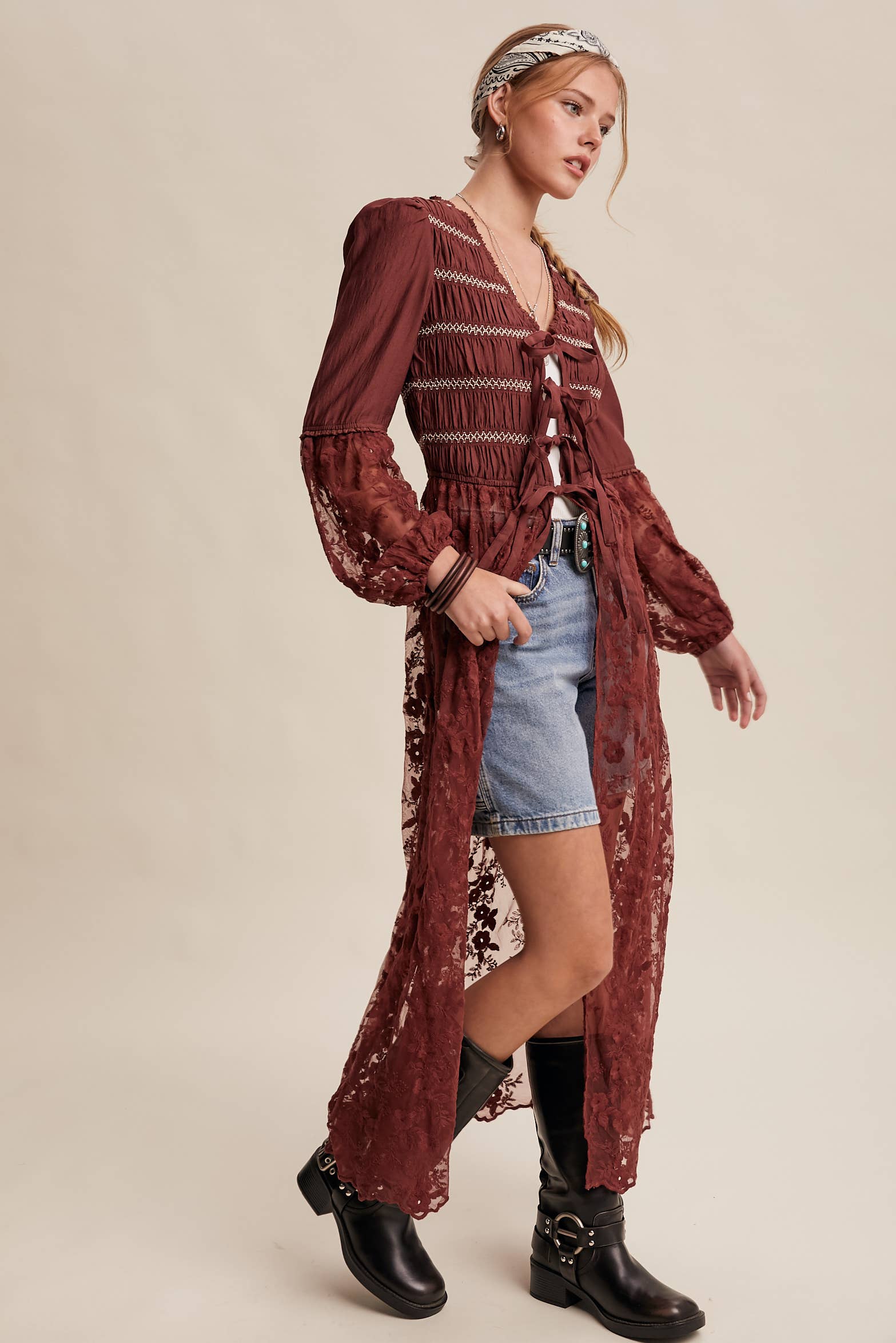 Listicle - Wholesale Kimono - Women's - Lace-Up Embroidered Maxi Kimono LJ026118