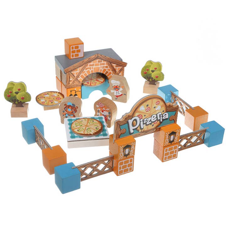 Spielset Pizzeria Stacking Toys aus Holz, 42 Stück für den Großhandel von Wooden Toys
