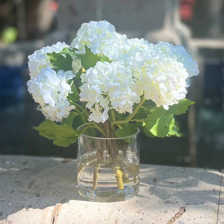 Real touch white hydrangea arrangement in glass vase - 8" for wholesale by Vivian Rose LLC
