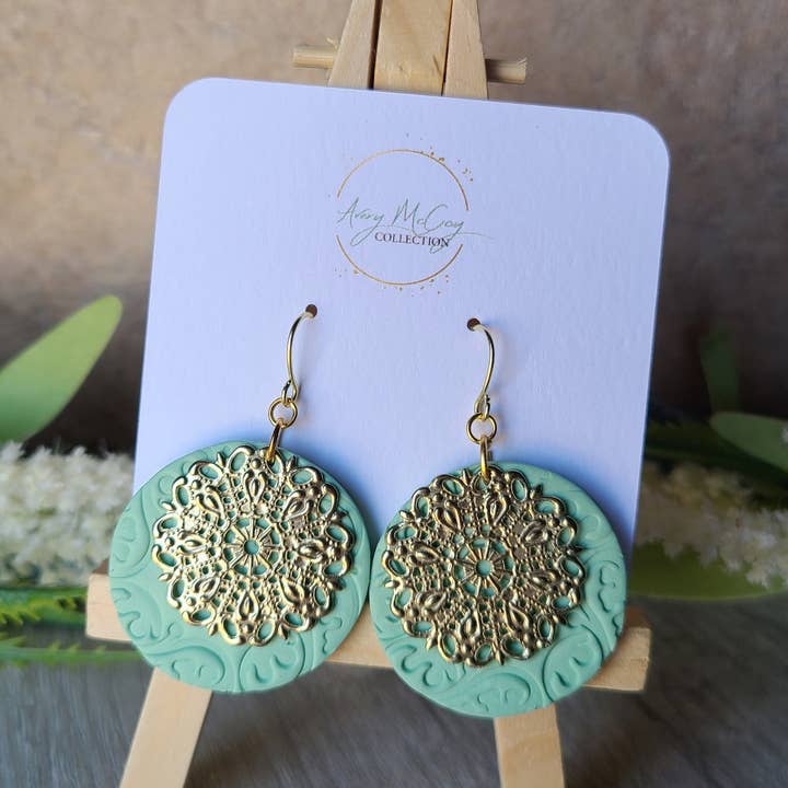 Circle lace floral dangle earrings- mint green and gold for wholesale by Avery McCoy Collection