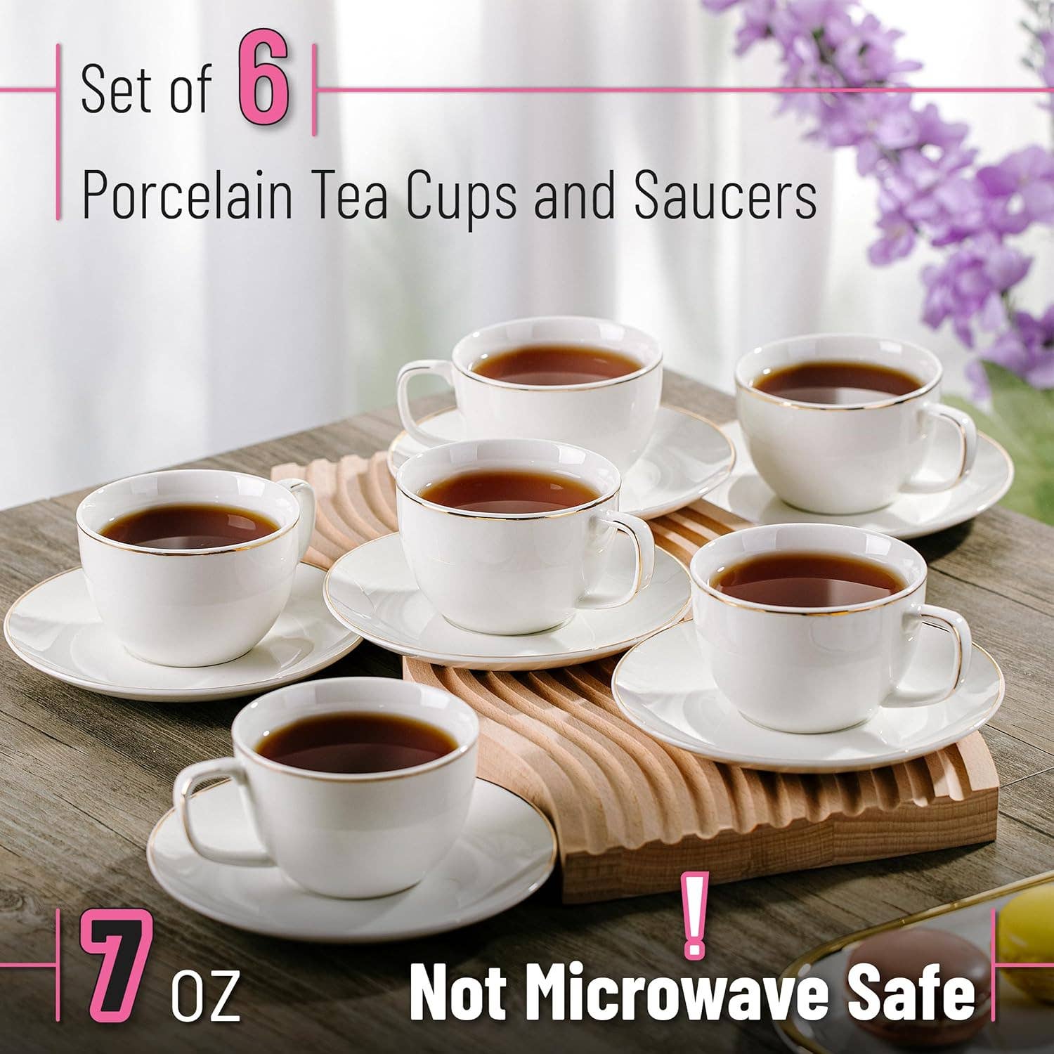 Brew To A Tea - Wholesale Tea Set - BTaT- Tea Cups and Saucers with Gold Trim, Set of 6, 7oz1