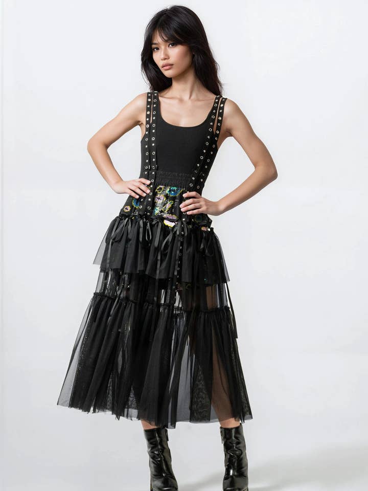 Layered Tulle Rivet Overalls for wholesale by KATE HEWKO