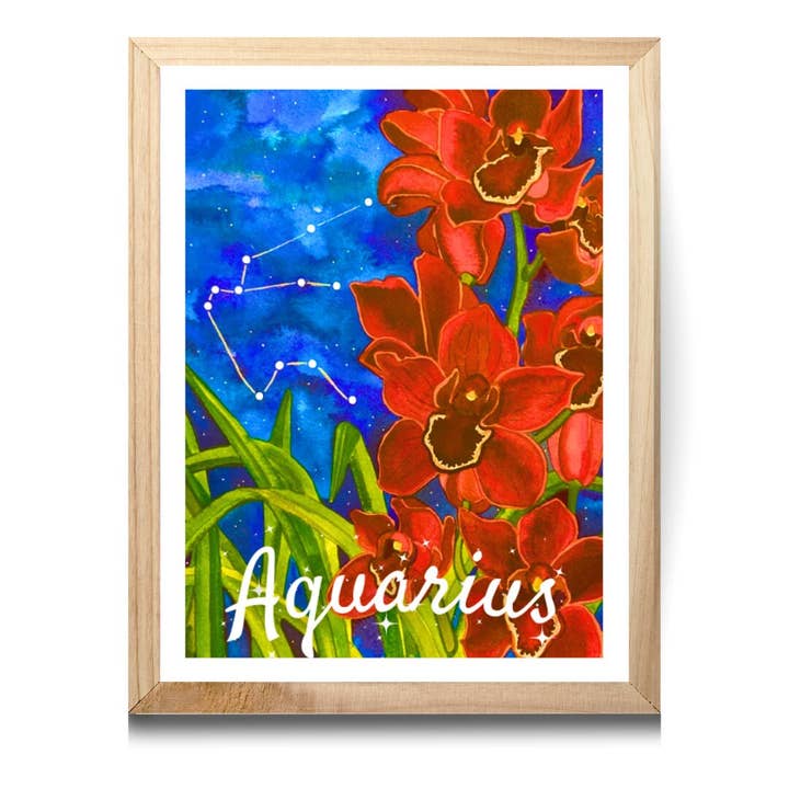 Art mural giclée en aquarelle de nuit du zodiaque Verseau pour la vente par Chloe Marie Hourdequin Designs