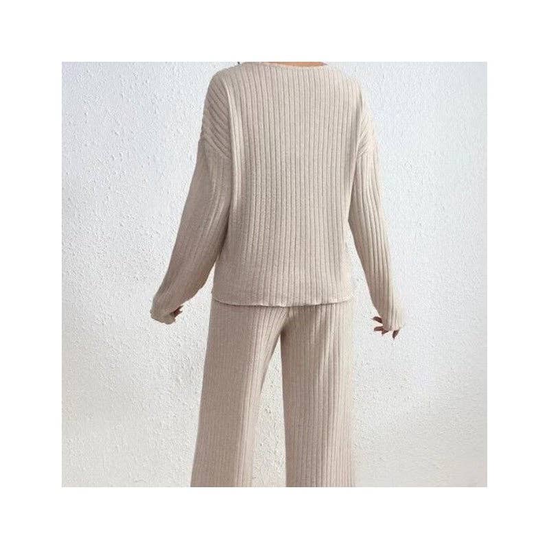 FurDecoration - Wholesale Lounge Set - Women's - V-Neck Loose Knit Fleece Long Sleeve Top Pants Set4
