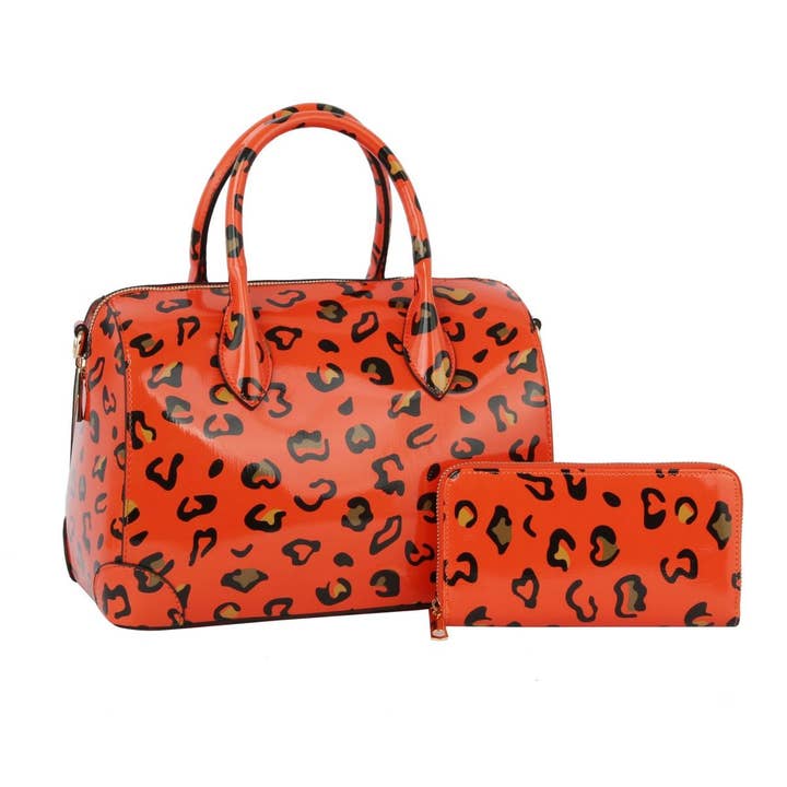 Domed Satchel Neon Orange Leopard Handbag Set for wholesale on Faire2