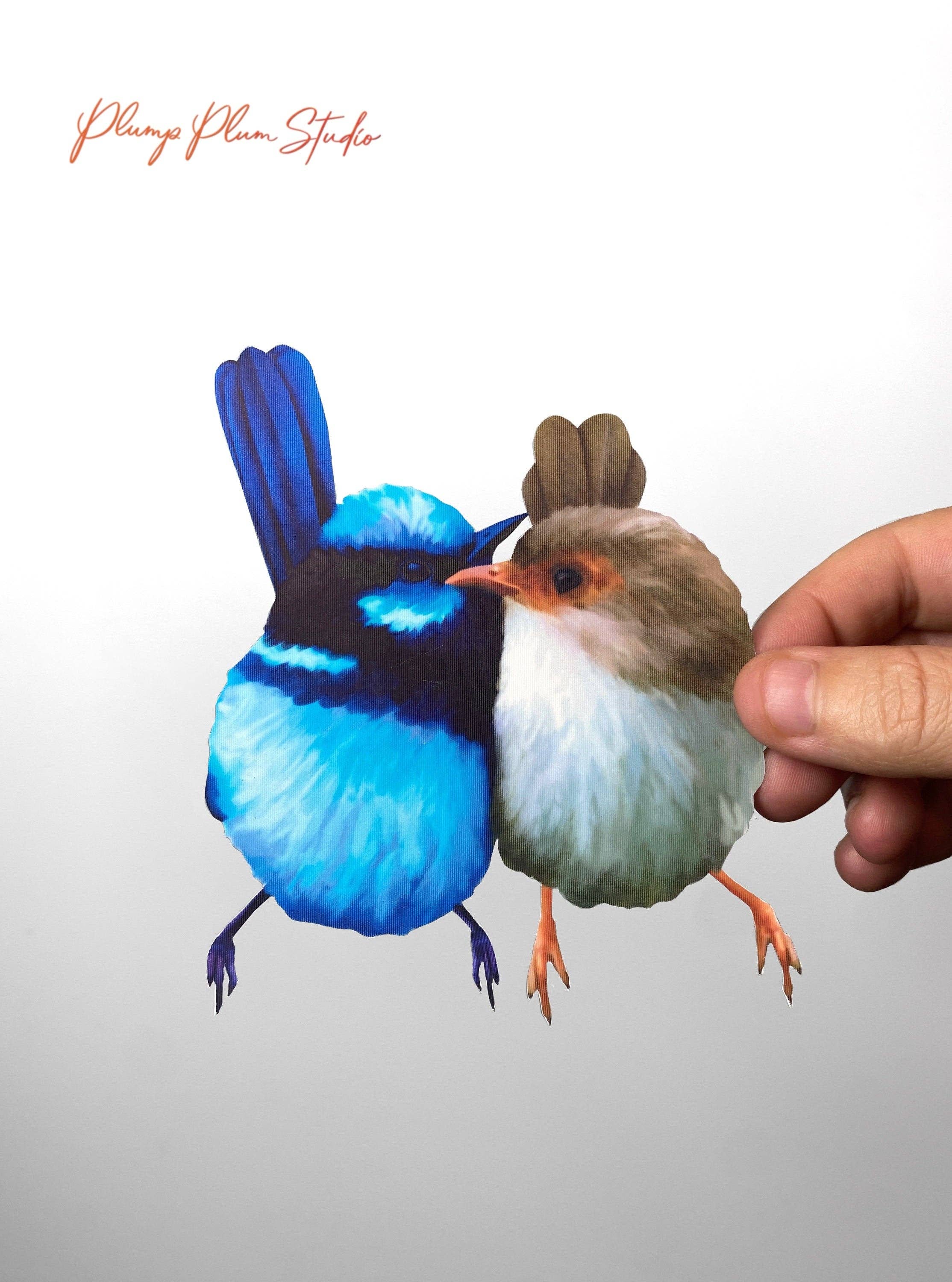 Plump Plum Studio – Engroshandel Klistermærke – Fremragende fe blå skruenøgle kærlighedspar mærkat, Fairy wrens klistermærke