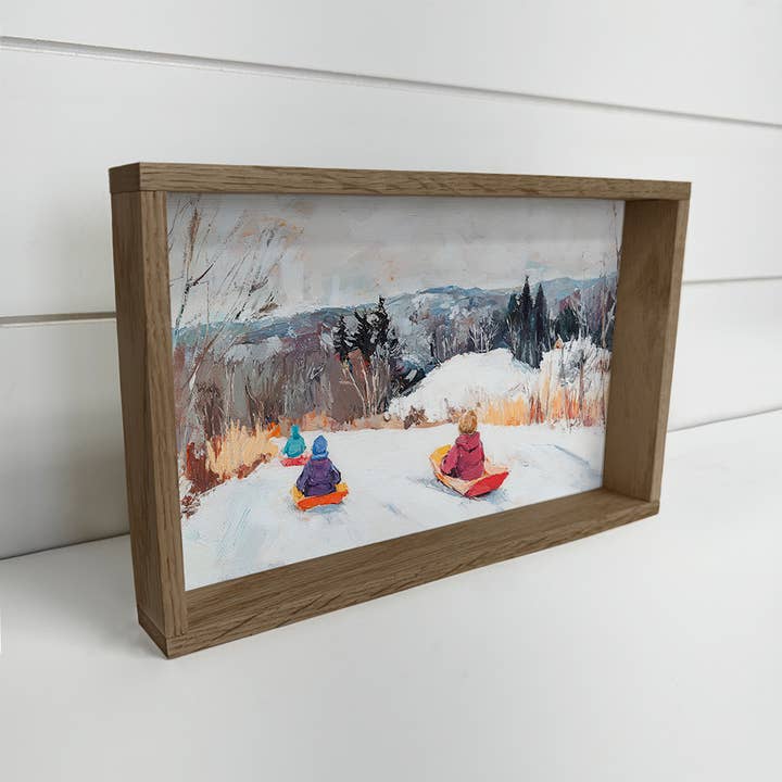 Hangout Home - Wholesale Art Print - Sledding Children - Mountain Cabin Canvas Art - Wood Framed
