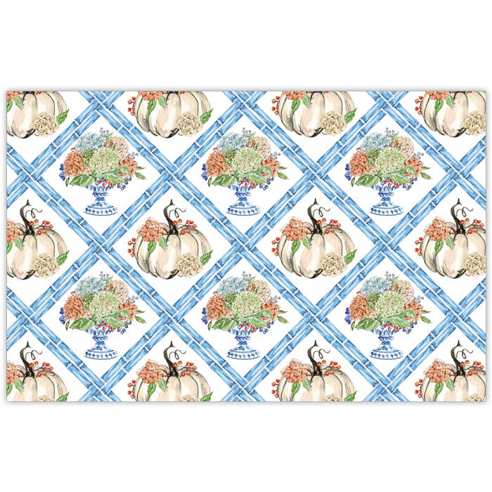 RosanneBeck Collections - Wholesale Placemat - Hydrangeas and Pumpkins Blue Bamboo Trellis Placemat