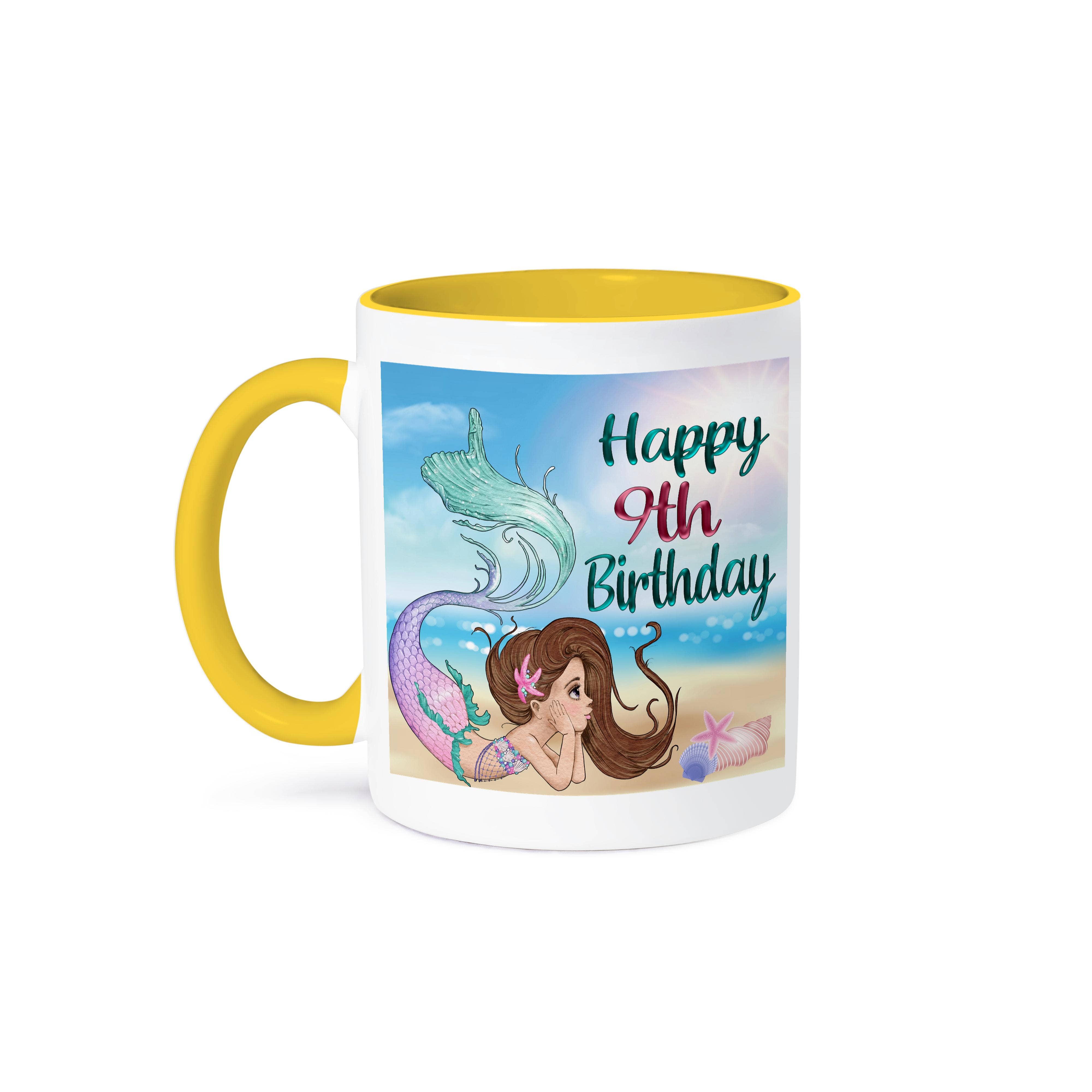 3dRose - Wholesale Coffee Mug - 3dRose, Happy 9th Birthday Pretty Brunette Mermaid On The Beach, Mug0