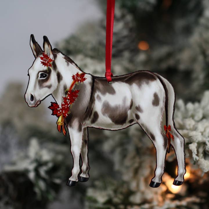 Classy Equine - Wholesale Ornament - Spotted Gray and White Miniature Donkey Christmas Ornament