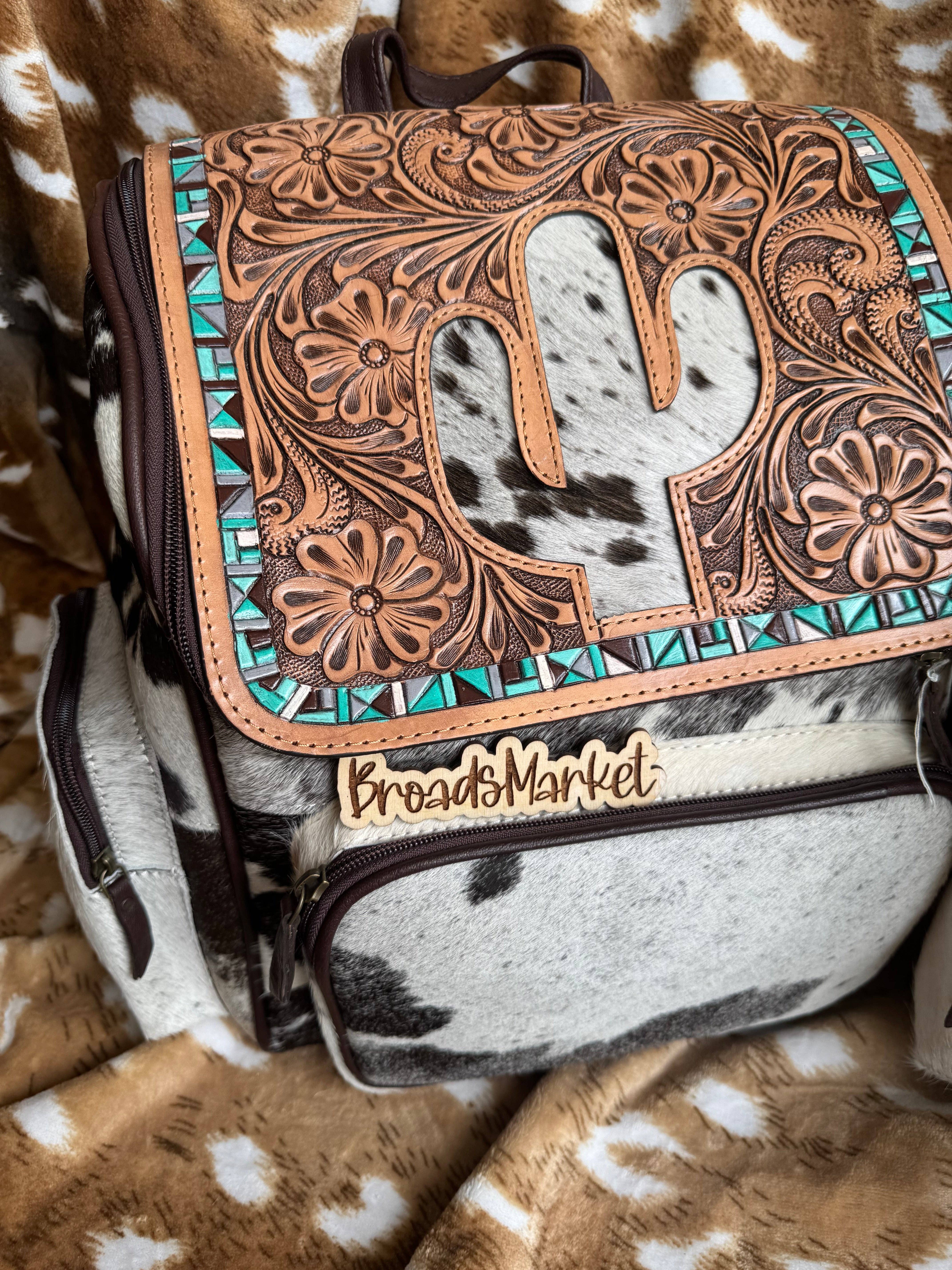 Broads Market - Wholesale Backpack - Women's - Cactus Tooled Leather & Cowhide Backpack2