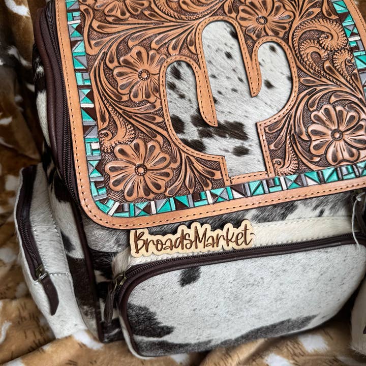 Broads Market - Wholesale Backpack - Women's - Cactus Tooled Leather & Cowhide Backpack2
