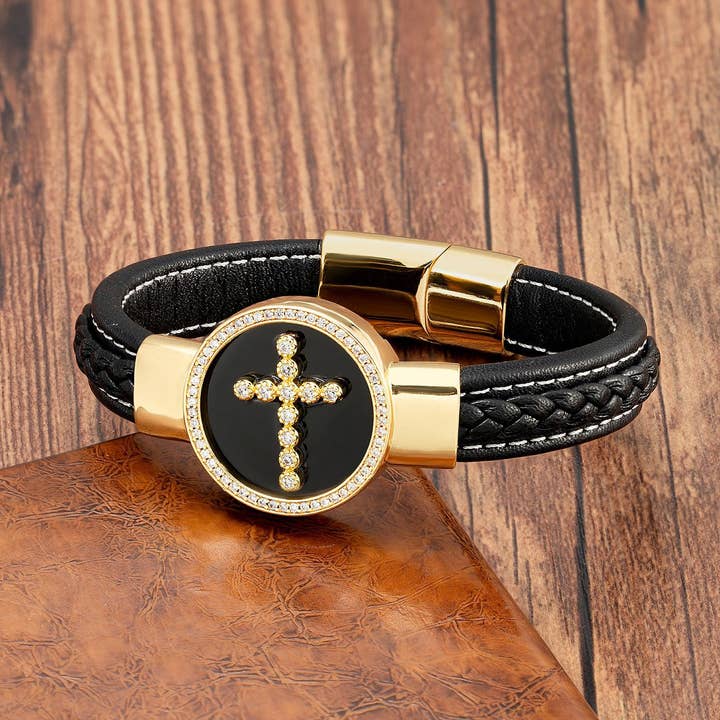 Gemcohub - Wholesale Bangle Bracelet - Round Stone Vintage Religious Metal Men's Bracelet