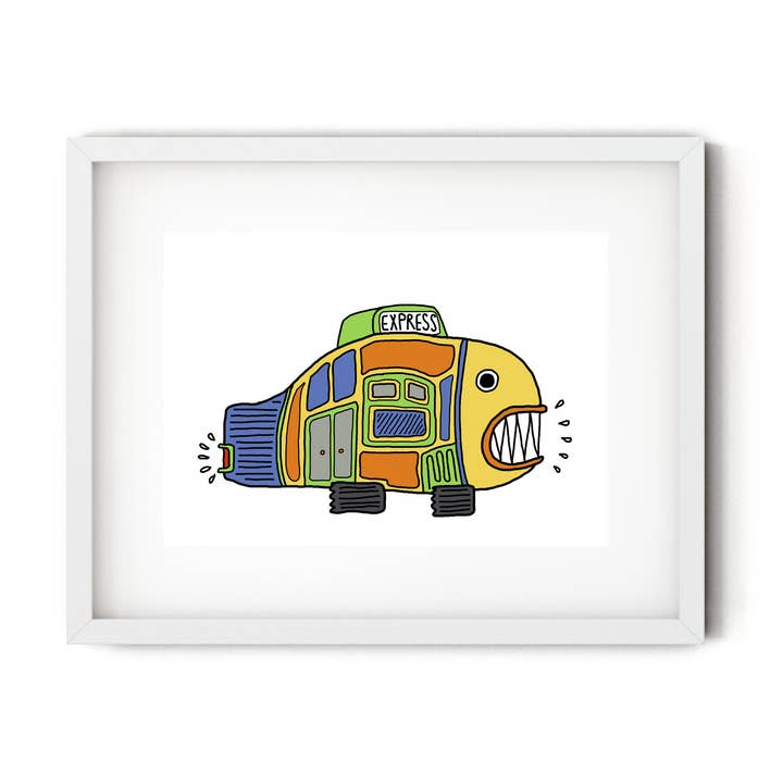 Impression artistique sous-marine « Bus » Fish pour salle de bain ou chambre d'enfant pour la vente par A Duck Amuck Gift Shop & Art Studio