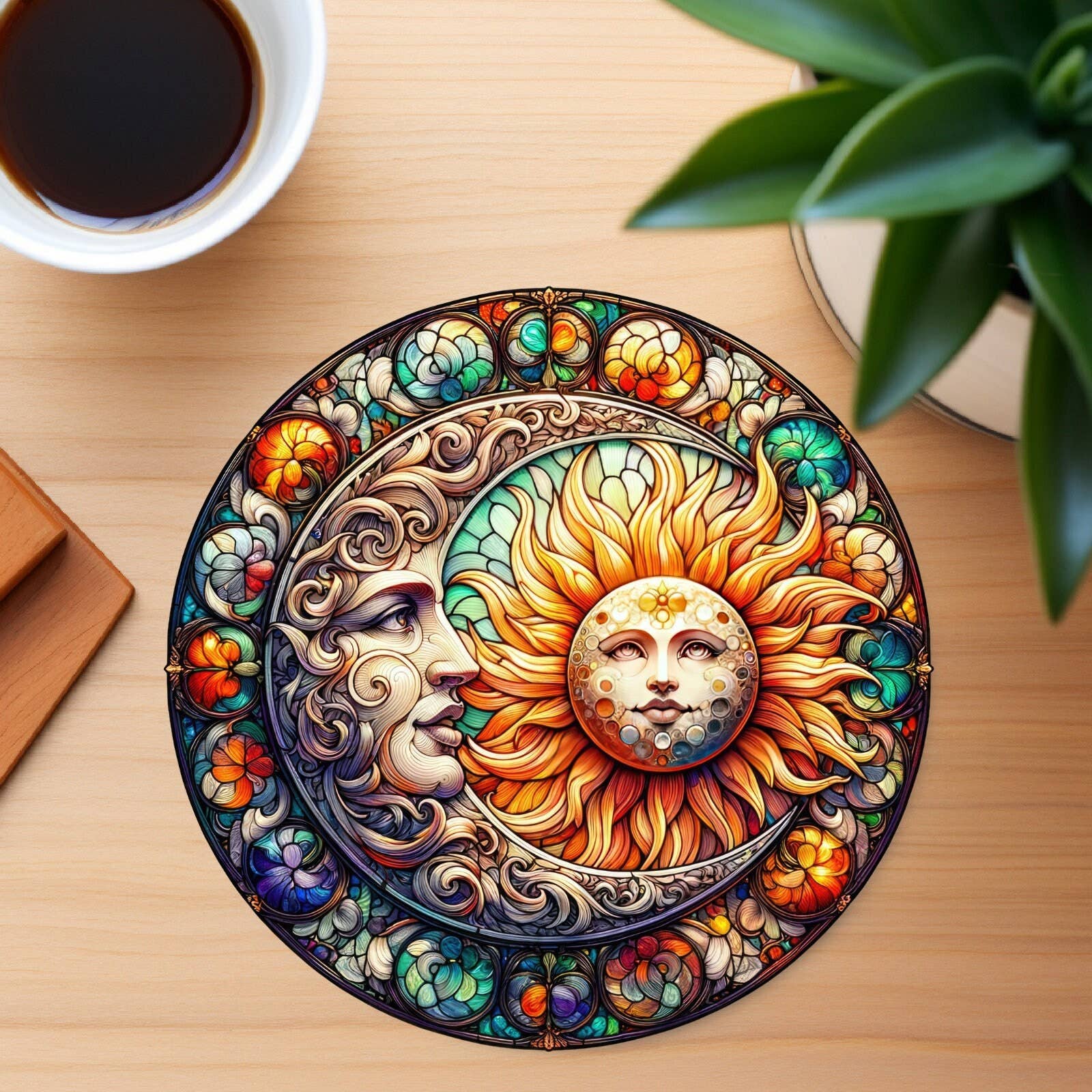 Fernville Creations - Vente Sous-verre - Sous-verre céleste en céramique Soleil et Lune avec base en liège7