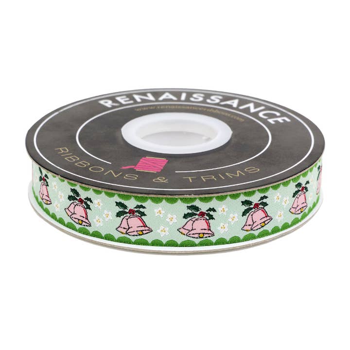 Mistletoe and Holly - Vintage Bells - 7/8" width - by Beverly McCullough - 15 Yard Spool for wholesale by Renaissance Ribbons