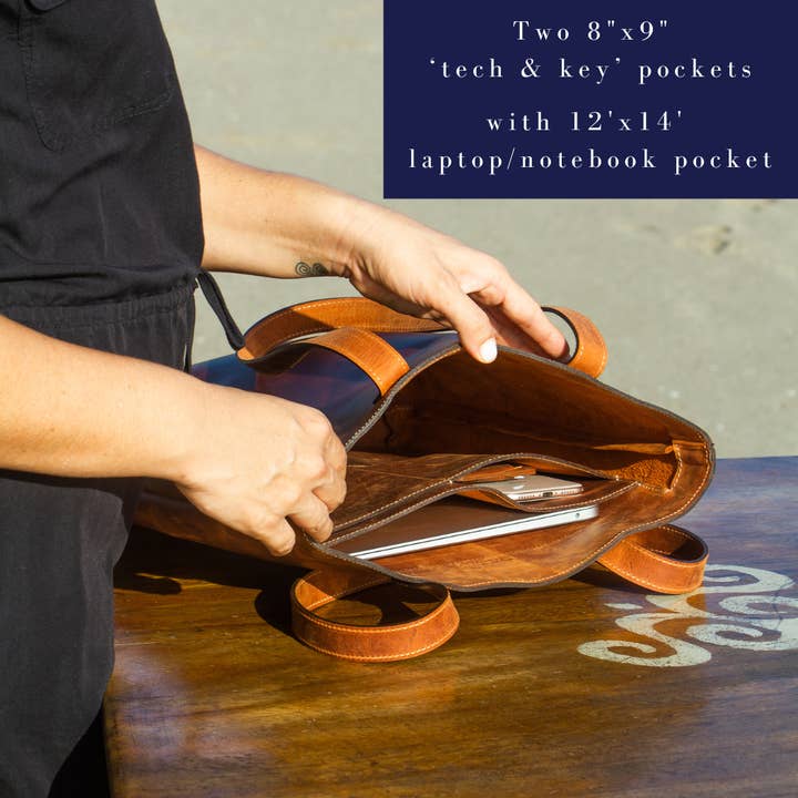 Twin Engine Coffee - Wholesale Tote Bag - Women's - Tote in Leather / Brown / Fair trade Handmade Artisanal