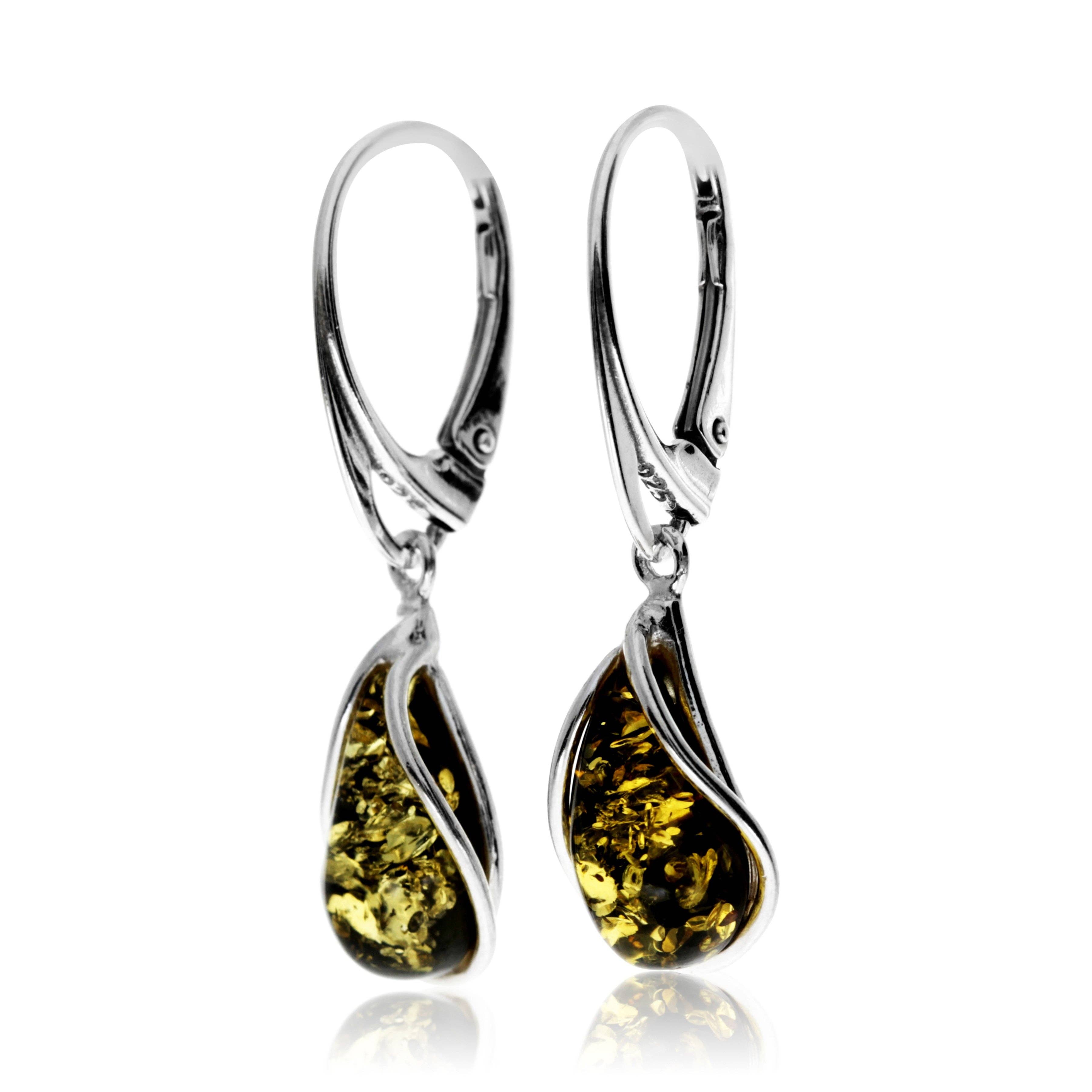 SilverAmber Jewellery – Brincos de argola por atacado – Brincos Modernos em Prata de 1ª Lei 925 e Âmbar Báltico Modernos em Lágrima /Pendente - G0299