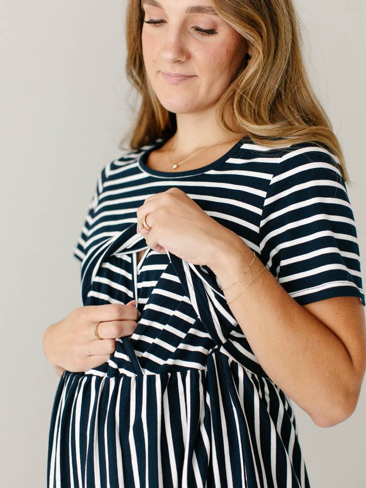 Navy 'Amanda' Striped Maternity Nursing Friendly Dress for wholesale on Faire5