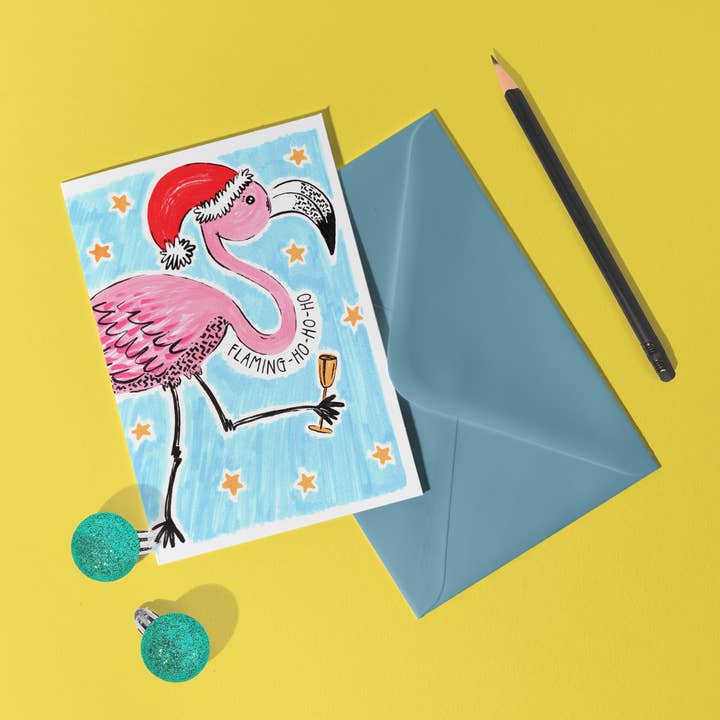 'Flaming-ho-ho-ho' A6 Flamingo Bird Christmas Card for wholesale by Don Design