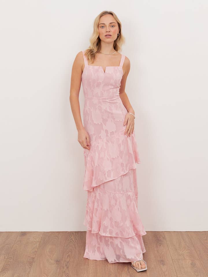 Anaya With Love Recycled Peony Pink Floral Burnout Strappy Asymmetric Ruffle Maxi Dress for wholesale by Plaza Collection Ltd
