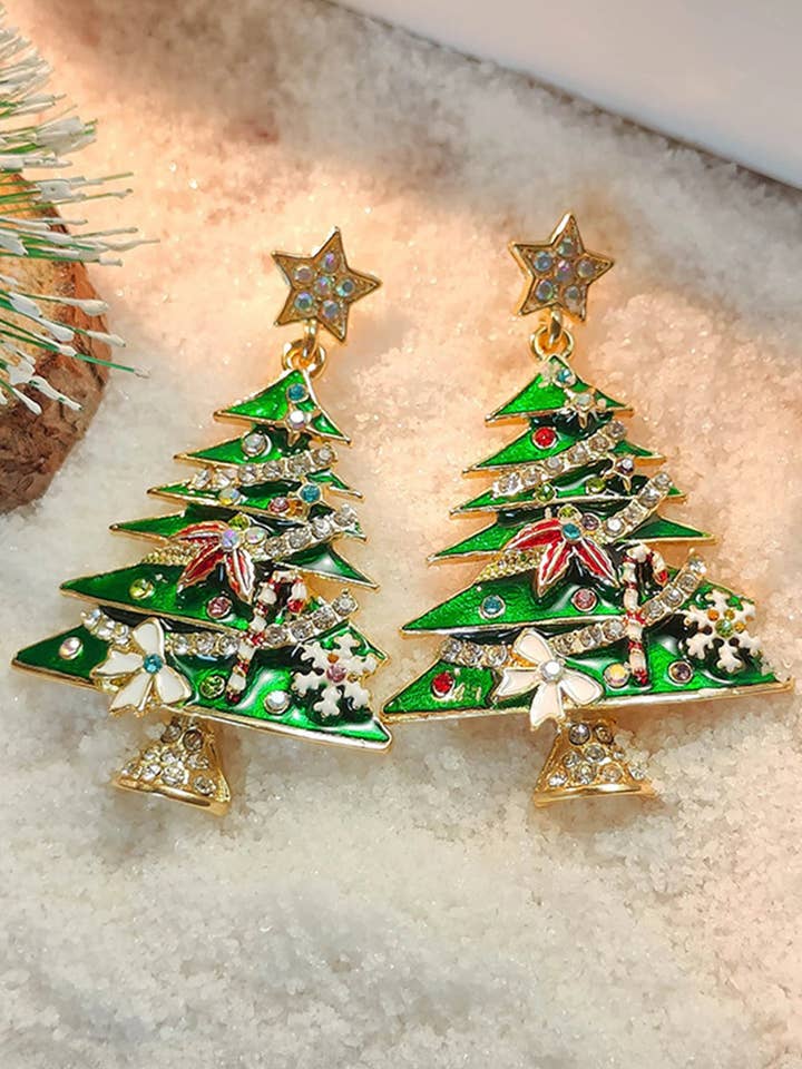 Orecchini a forma di albero di Natale con stella decorata con strass verde brillante per la vendita all'ingrosso da parte di Lovesoft