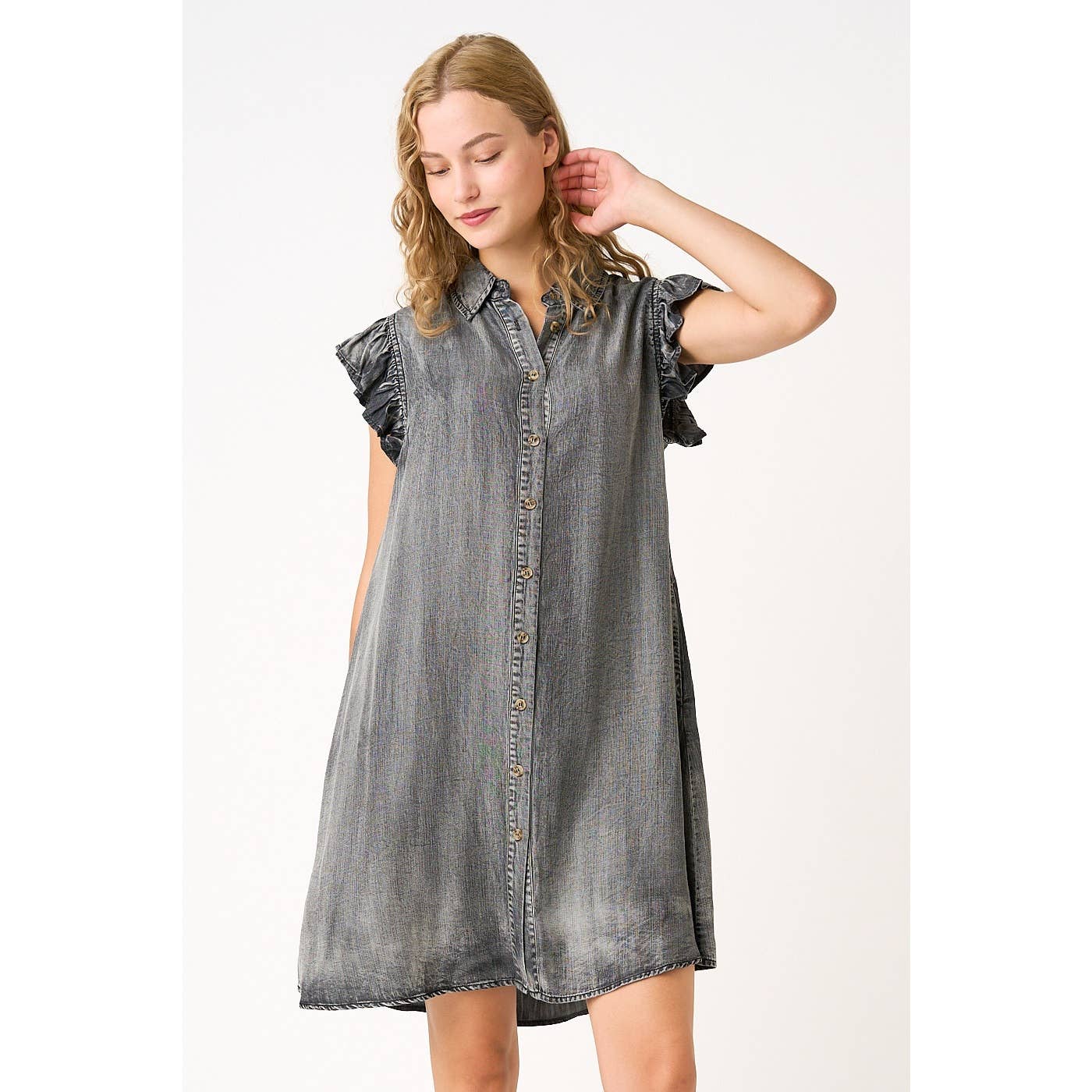 mittoshop - Wholesale Dress - Women's - WASHED CHAMBRAY RUFFLE SLEEVE BUTTONED MINI DRESS17