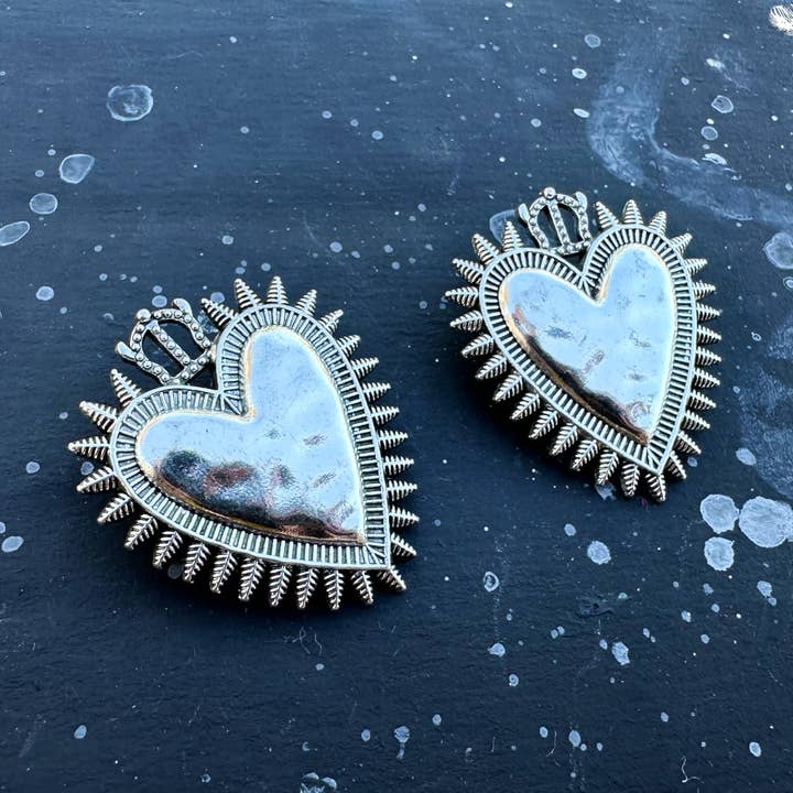 Silver Heart & Crown Brooch – Bold Spiked Statement Pin for wholesale by Wild Kraukle
