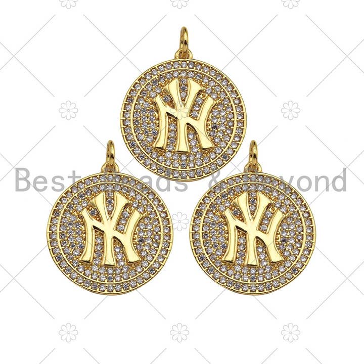 BestBeads&Beyond - Wholesale Individual Charm/Pendant - Gold Filled New York Yankees Logo On Round Cion Shape Pendant, 18K Gold Filled Medallion Charm,Necklace Bracelet Charm,20x22mm,Sku#F13990