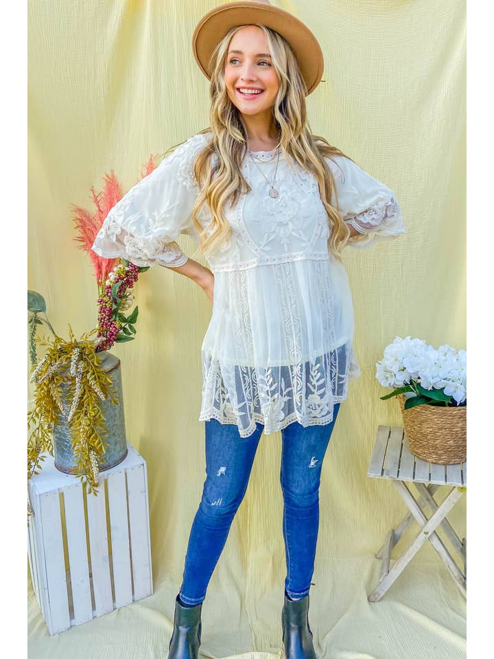 AND THE WHY - Wholesale Tunic - Women's - ATW10187 - Floral Embroidered Mesh Tunic Top With Lining