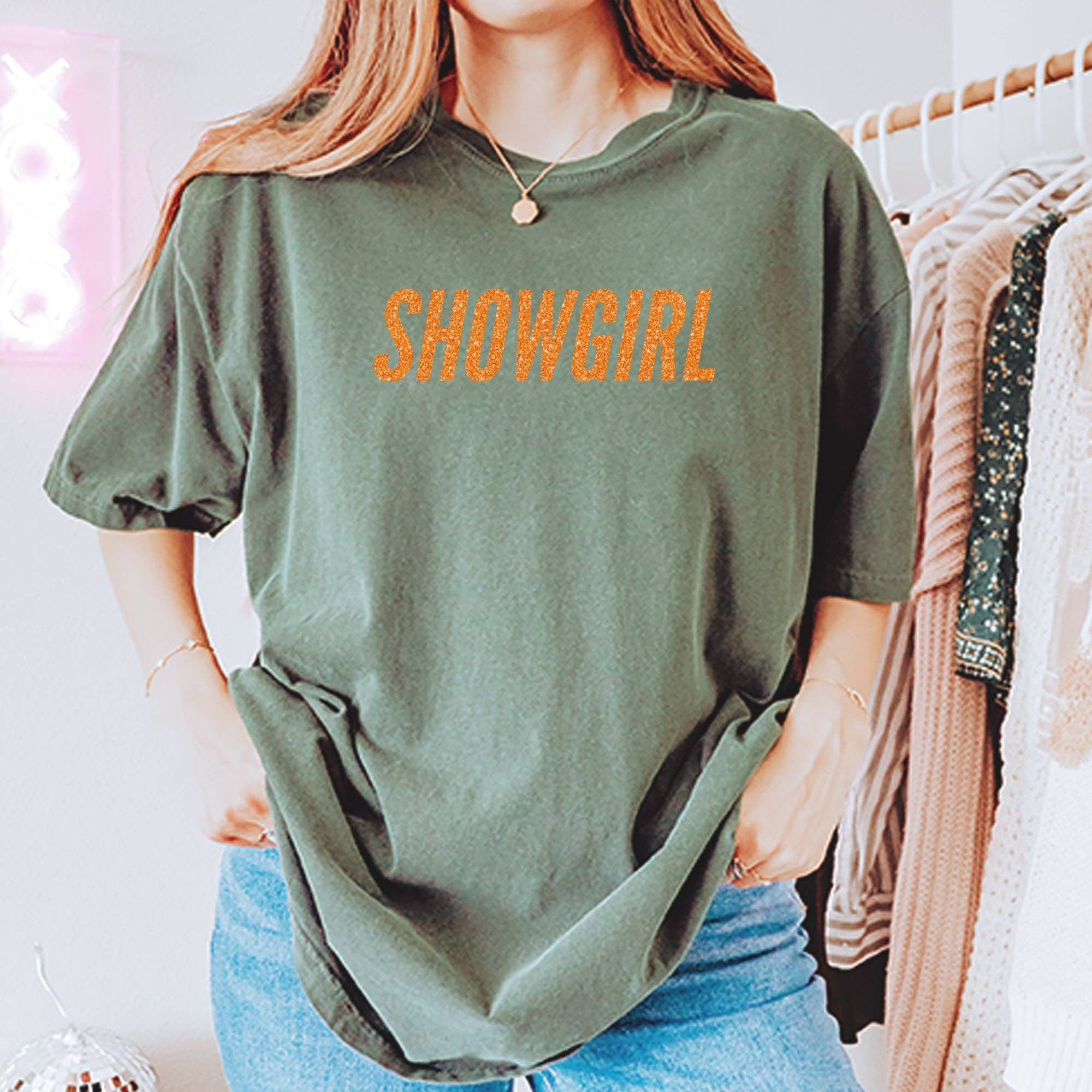 Expression Tees - Vente T-shirt sérigraphié – femme - T-shirt unisexe vintage doux à paillettes orange Showgirl31