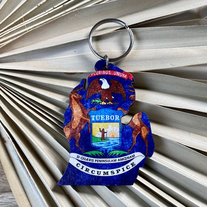 Michigan Lower Peninsula State Flag Print Wood Keychain for wholesale by Feather and Birch