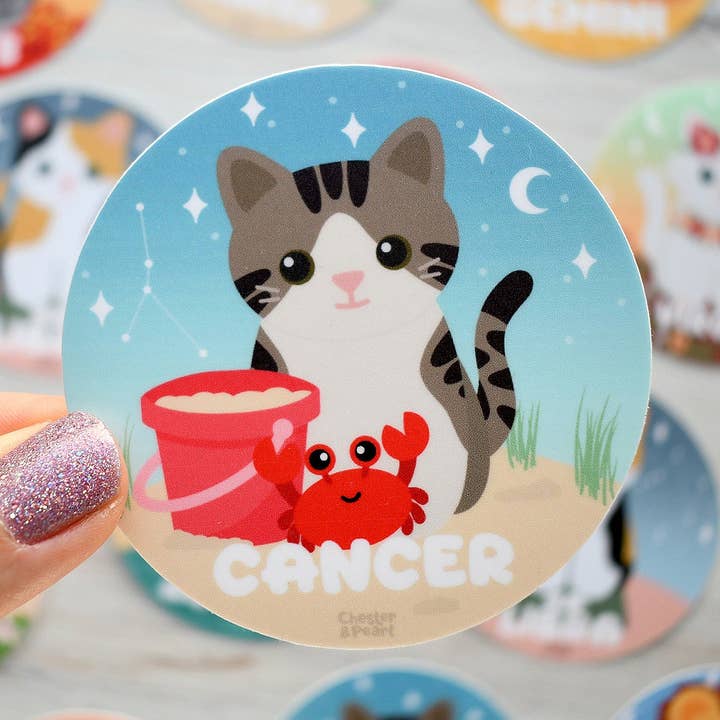 Cancer Zodiac 3-in. Vinyl Cat Sticker for wholesale by Chester and Pearl