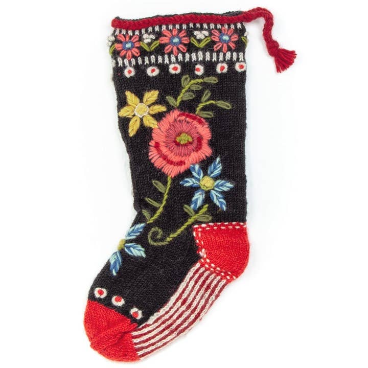 Black Floral Spray - wool knit Christmas stocking for wholesale on Faire