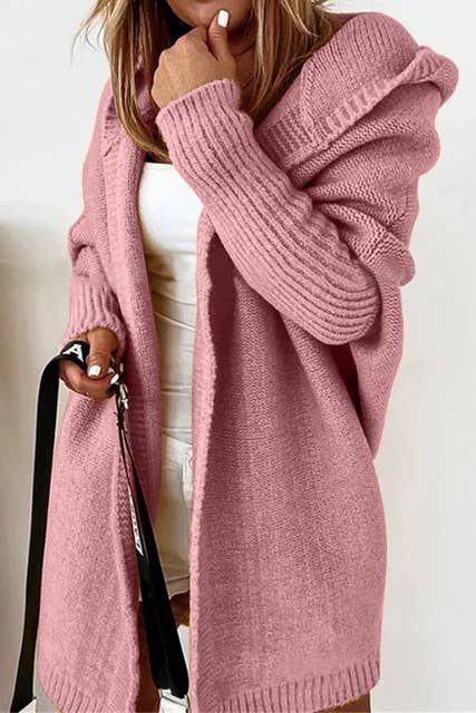 Rosa Clothing - Wholesale Cardigan - Women's - Plain exposed seam Hooded knit long cardigan coat2