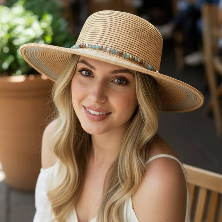 STRAW FEDORA HAT WITH TURQUOISE STONE BAND, MH 0285 for wholesale by JOIA ACCESSORIES