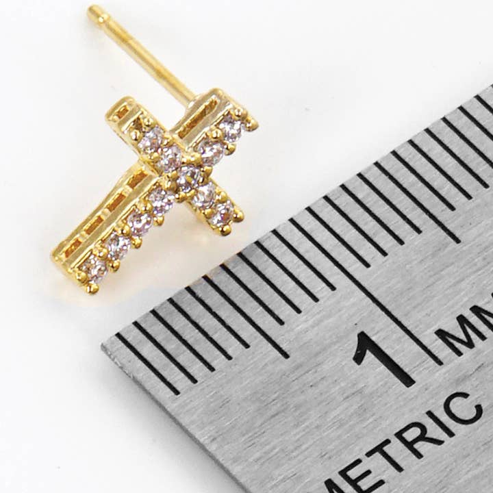 Fashion City - Wholesale Stud/Post Earrings - CZ Gold-Dipped Cross Earrings5