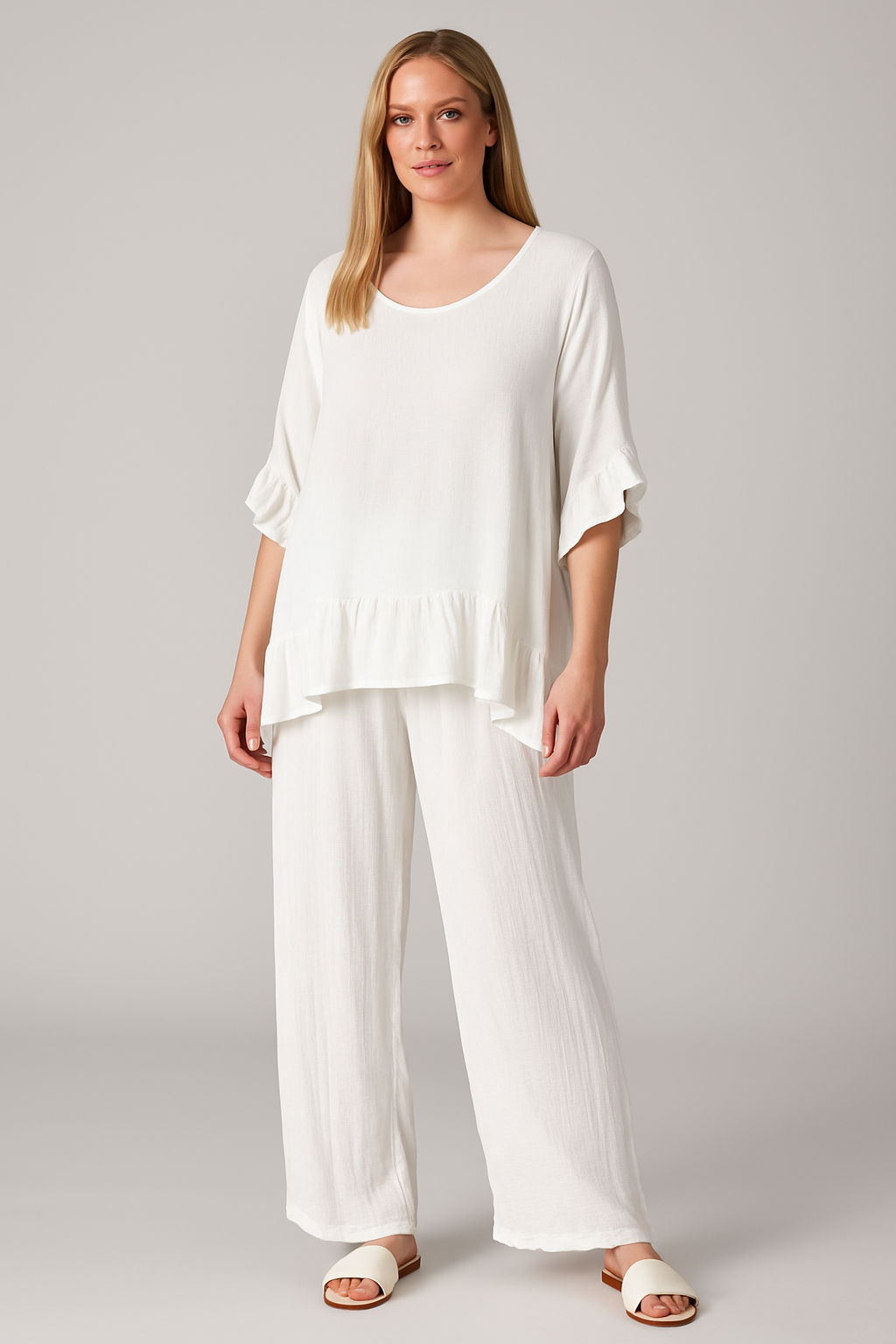 Lucy Sparks – Conjunto de top e calça (roupa NÃO Casual) - Mulher por atacado – CONJUNTO PLUS SIZE DE TOP E CALÇAS COM BAINHA FRANZIDA6