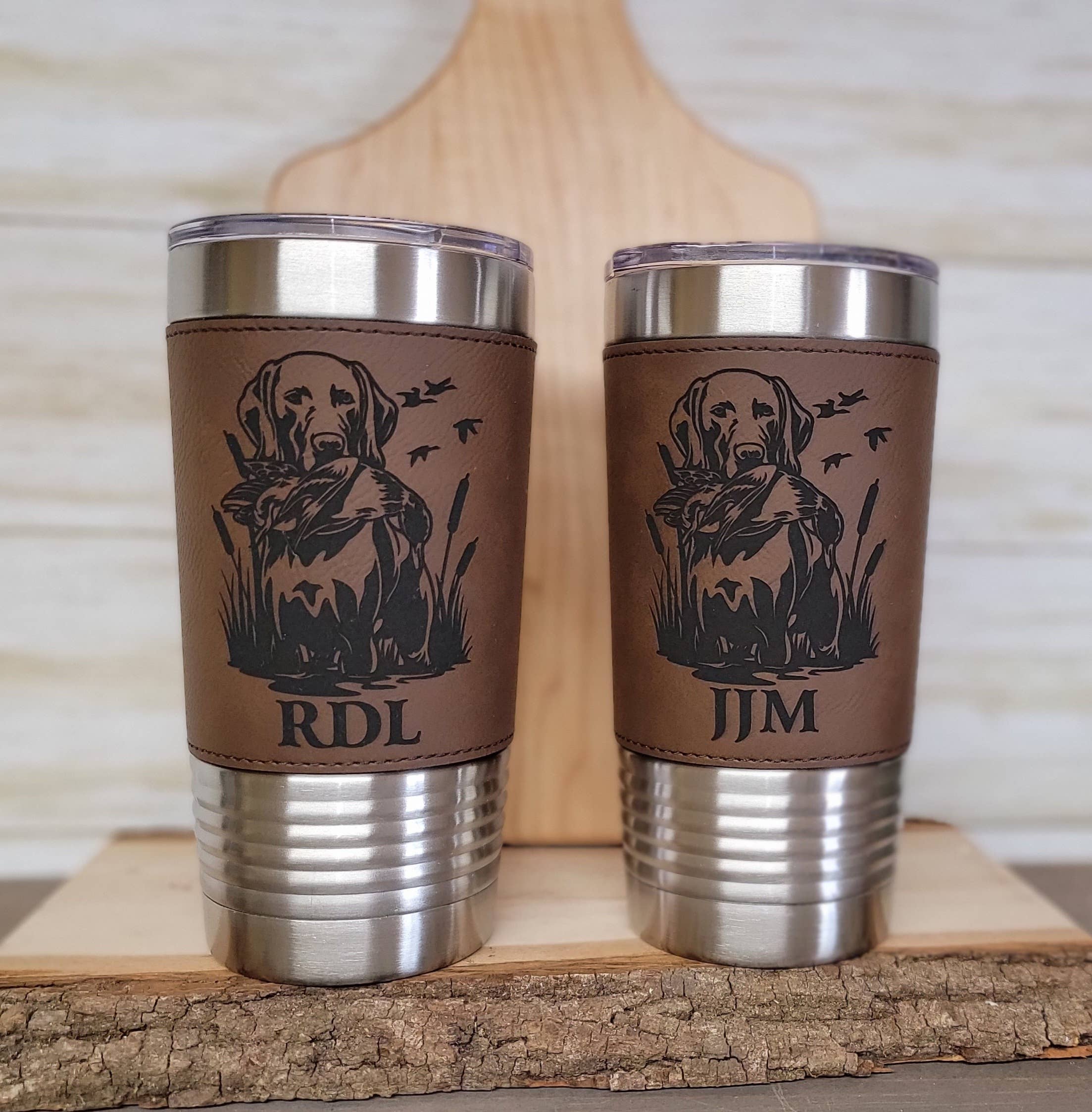 Clack Design - Wholesale Insulated Mug/Tumbler - Duck Hunting Leather Engraved Tumbler. Dog Hunting Cup.1