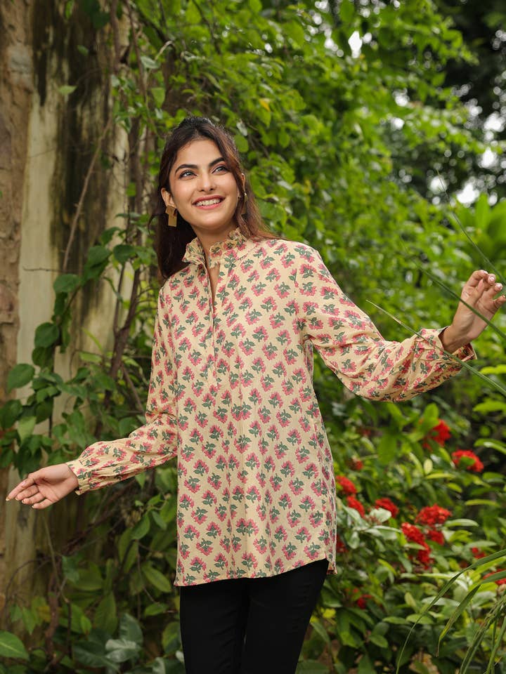Cream Printed Peasant Shirt with Frill Details for wholesale by Jaipur Morni USA
