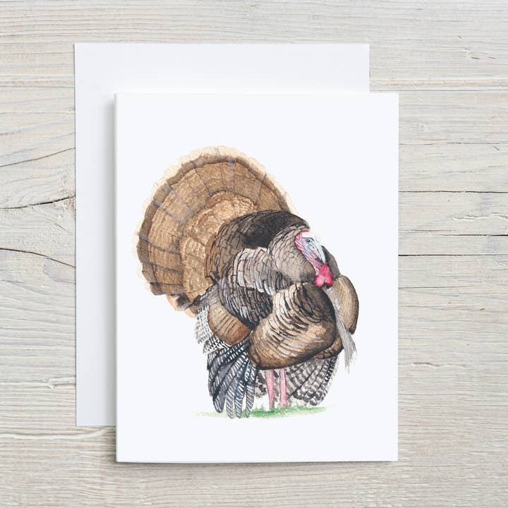 Biglietto dipinto a mano ad acquerello con uccello, Biglietto di Ringraziamento del Tacchino per la vendita all'ingrosso da parte di Liz Pope Designs